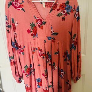 MATILDA JANE Size M Let's Go Out Pink Dress V Neck Lng Slve Pleated Empire Waist